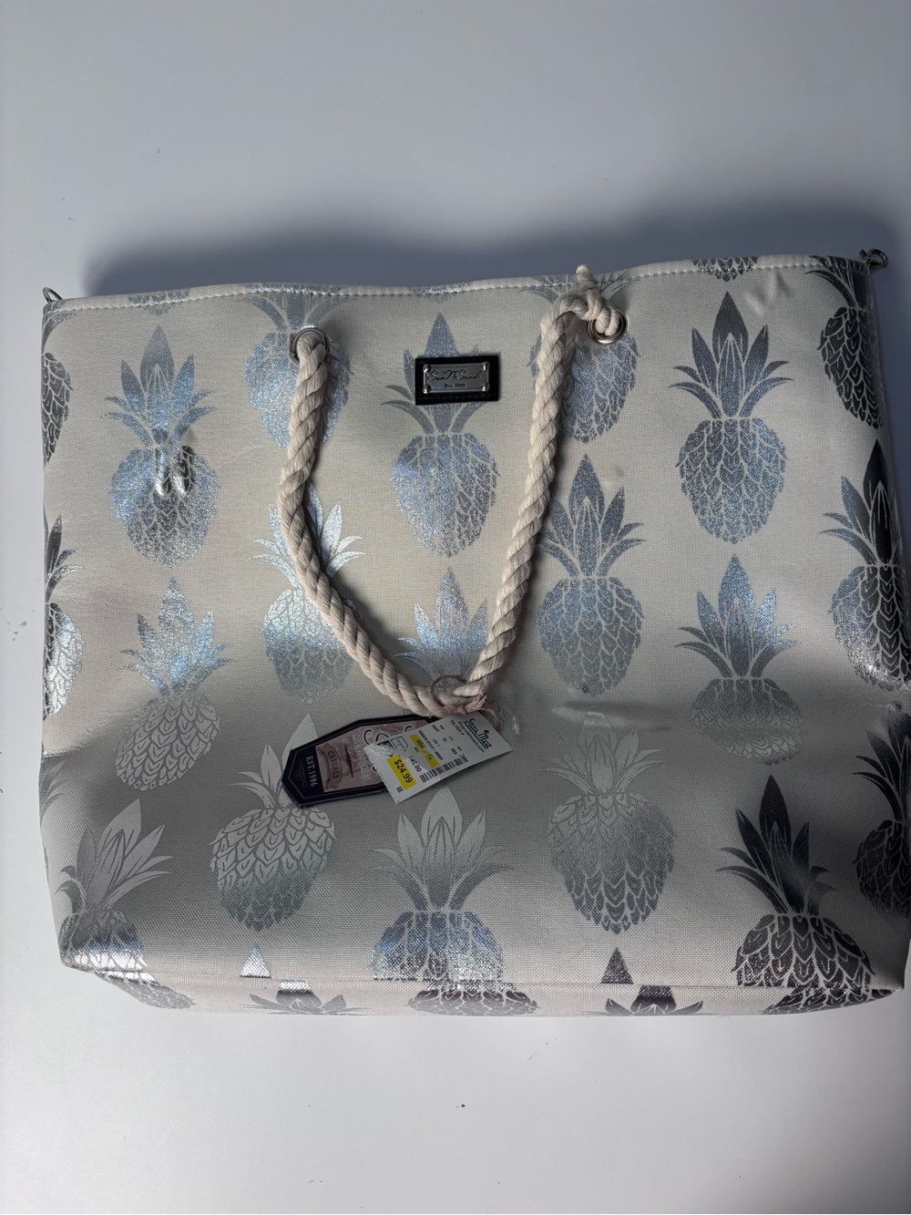 NWT Silver Metallic Foil Pineapple Large Beach Tote Bag - Nautical rope handles